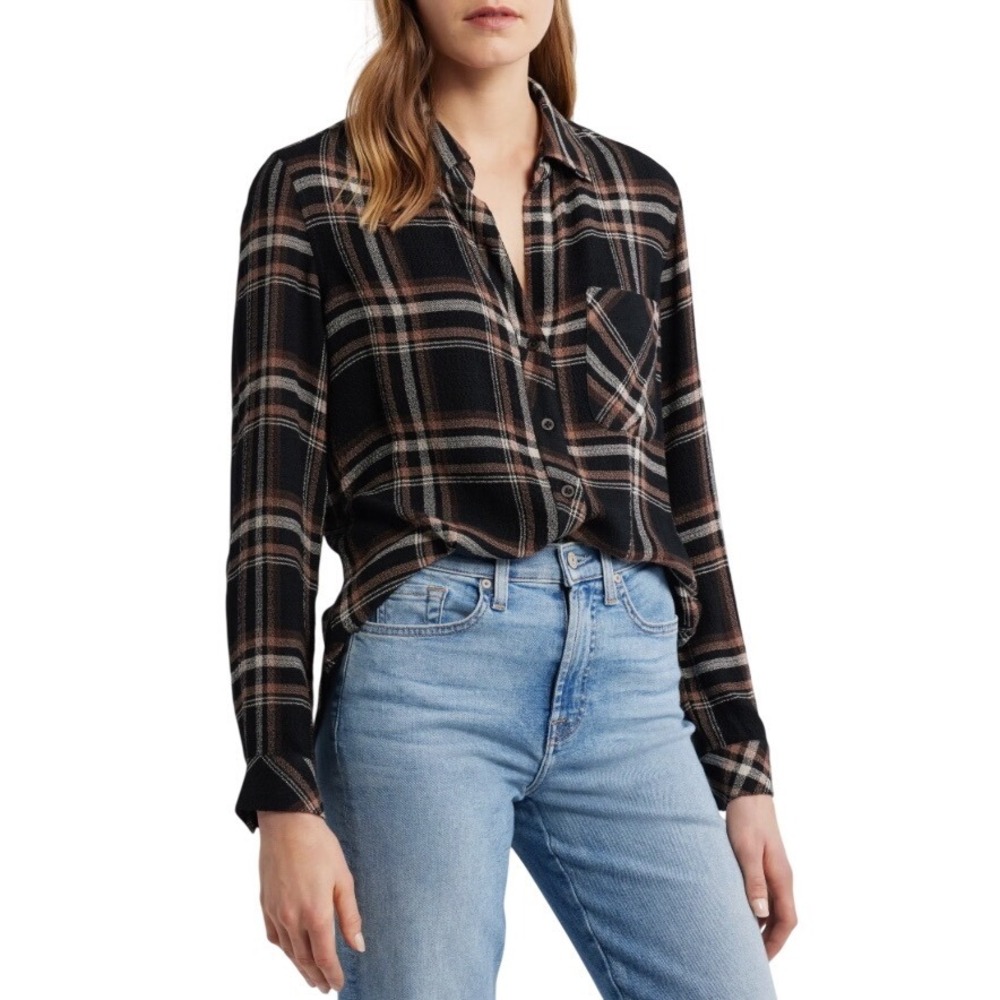 Cloth & Stone Womens Maplewood Plaid V-Neck Long Sleeve Blouse‎ Black Medium